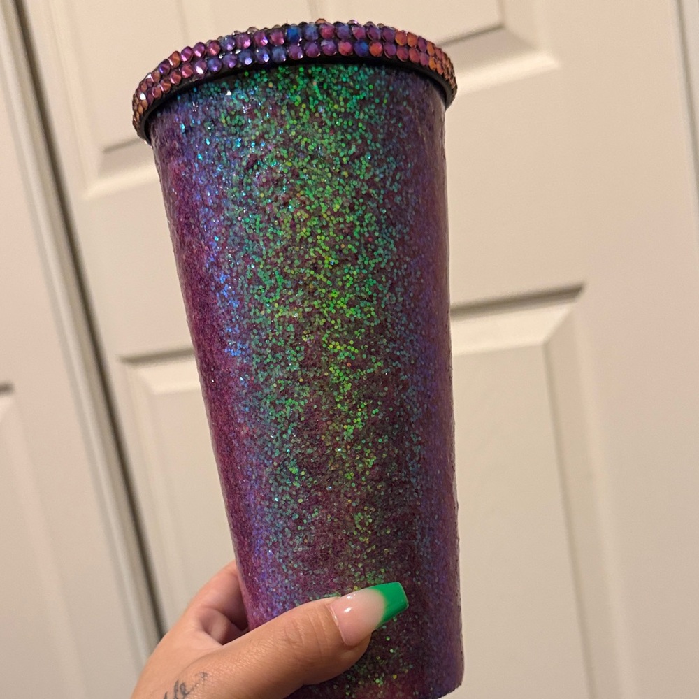 Purple-Green Iridescent Glitter Tumbler with Rhinestone Rim